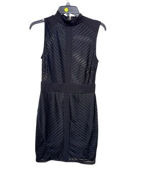 iris Black Sleeveless Sheer-Striped Mock Neck Mini Dress